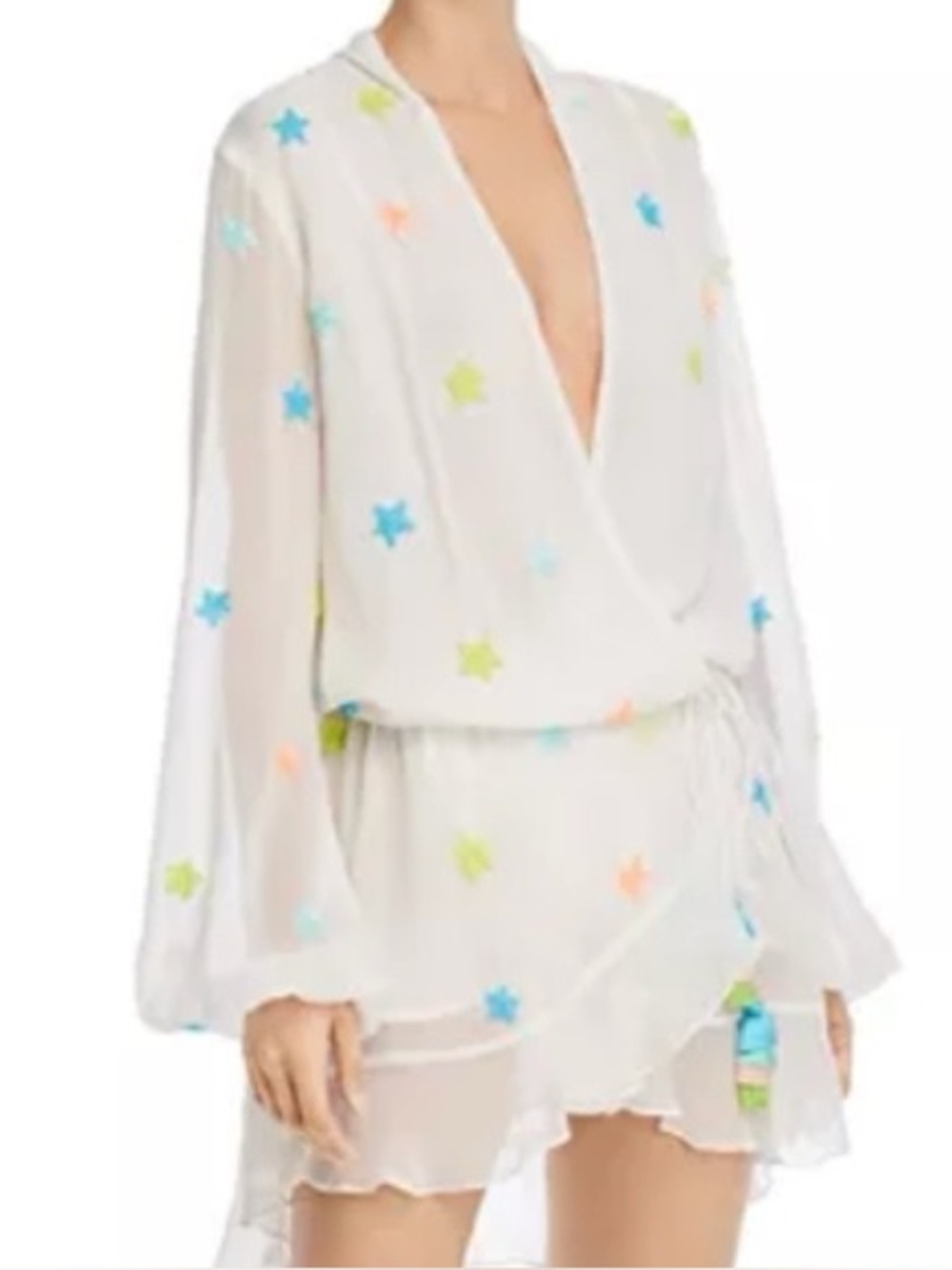 Rococo Sand White Wrap Tunic with Multicolor Star Embroidery